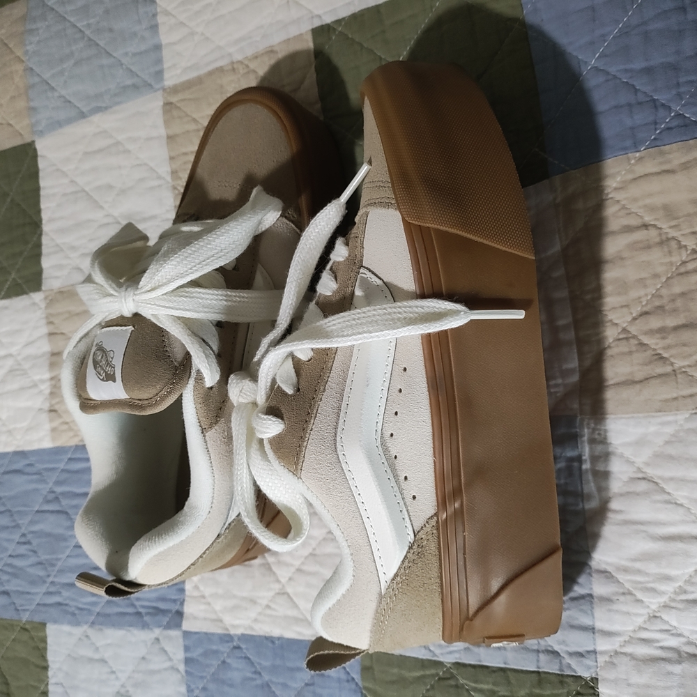 Tan and White Vans Platforms